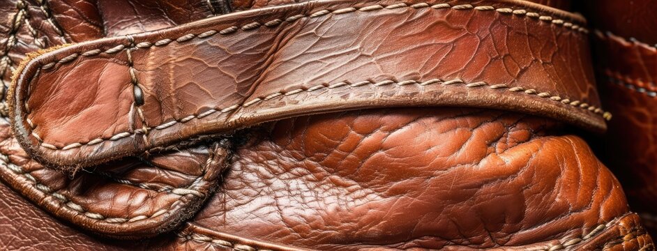 Close-up of Brown Leather Texture with Stitches