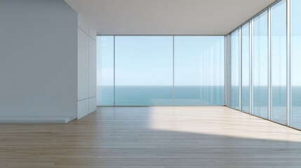 Obraz premium Expansive modern interior with floor to ceiling glass windows offering panoramic ocean view,
