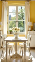 Obraz premium A white table with four white chairs, a white vase with white flowers, a white cupboard, and two white lamps in a yellow room