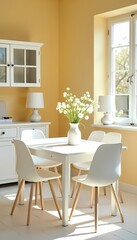 A white table with four white chairs, a white vase with white flowers, a white cupboard, and two white lamps in a yellow room