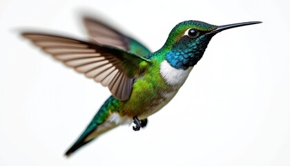 Fototapeta premium Green hummingbird in mid-flight against white background. Iridescent feathers, outstretched wings, detailed view of avian. Wildlife photo for nature conservation birdwatching.