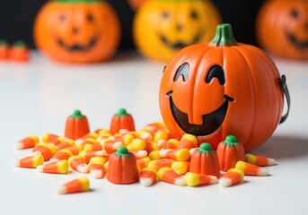 Orange Halloween pumpkin bucket filled with candy corn and small pumpkins Keywords: Halloween