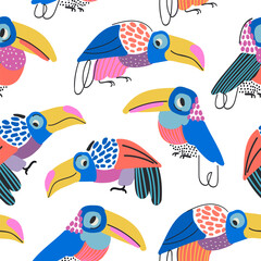 Abstract toucan seamless pattern. Tropical birds abstract nursery background: minimal birds with doodles, scribbles, organic forms. Vector hand drawn art illustration for textile fabric print design