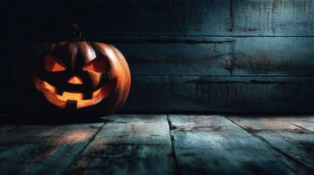 An illuminated carved pumpkin with a traditional Halloween face sits outdoors at night on a weathered wooden surface,