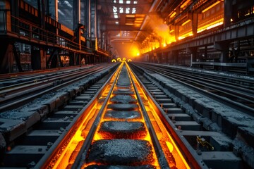 Hot steel beam transported on rails in a metallurgical plant