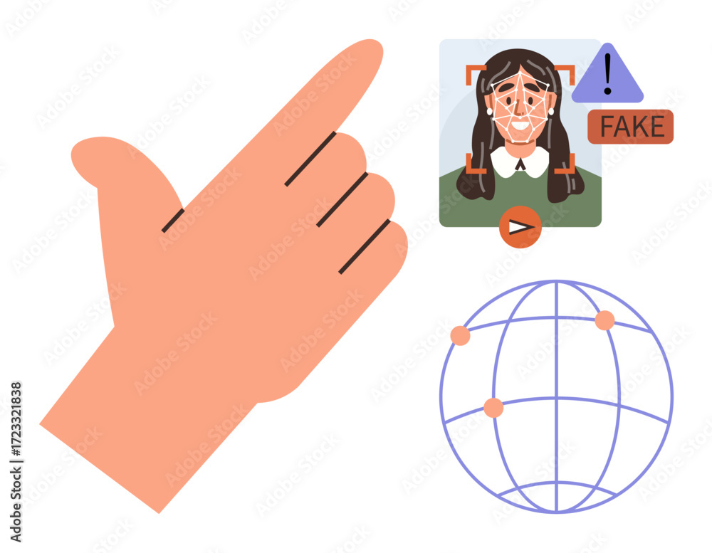 Aufkleber hand stopping fake ai-generated face in recognition software with alert icon and video symbol alongs