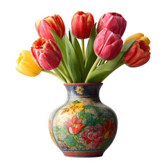 Tulips in Decorative Vase, isolated on transparent background PNG