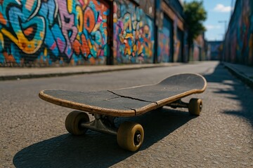 Cracked skateboard deck on asphalt against graffiti-covered alley background with copy space