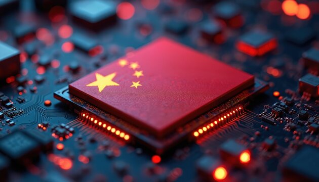 China flag on processor CPU with glowing red circuit board. Central processing unit innovation concept for technology development, global positioning system, network security, artificial intelligence