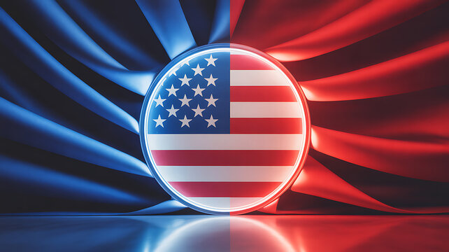 American flag depicted in a circular emblem with dynamic red and blue background waves
