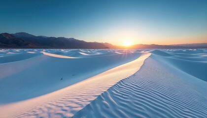 Panoramic view white sand dunes under vibrant blue sky at sunset. Mountains, sun, clouds and light create scenic landscape. Travel adventure wilderness scenery. Relax, enjoy summer day.