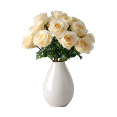 Cream roses in a white ceramic vase isolated on transparent background