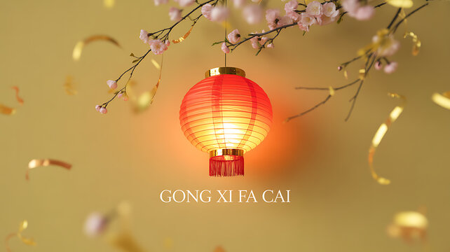 Red lantern glowing with cherry blossoms and golden confetti against warm background, featuring 'Gong Xi Fa Cai' text