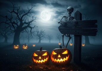Skeleton hanging on a signpost with pumpkins and spooky trees Halloween night