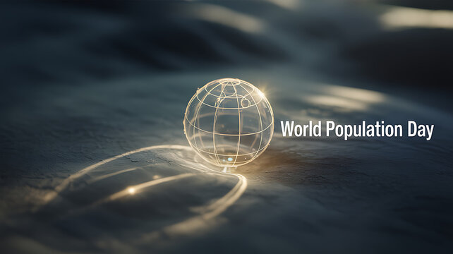 A glowing wireframe globe on a textured surface with the text 'World Population Day' displayed, symbolizing global awareness and demographic themes.