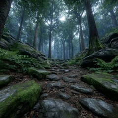 Fototapeta premium Adventure through the green jungle nature's peaceful morning in the misty rainforest