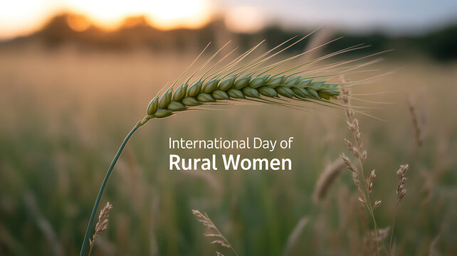 A close-up of a wheat stalk in a golden field at sunset with text overlay for International Day of Rural Women