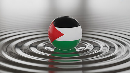 Naklejka premium A sphere with the Palestinian flag design floats on a reflective surface, creating concentric ripples.
