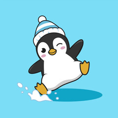 A happy cartoon penguin in a winter hat celebrates Christmas with a snowman and a scoop of ice