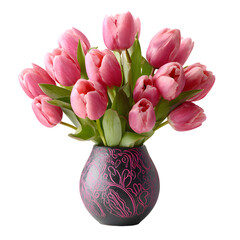 Tulips in Decorative Vase, isolated on transparent background PNG