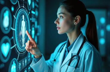 Doctor touch screen with medical symbols. Health care concept. Medical tech interface. Stethoscope, modern digital network, virtual clinic, innovative treatment display. Futuristic tech, professional