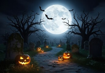 Spooky graveyard scene with glowing pumpkins and full moon at night halloween