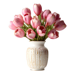 White Ceramic vase with vibrant ping tulips, colorful floral arrangement isolated on transparent background