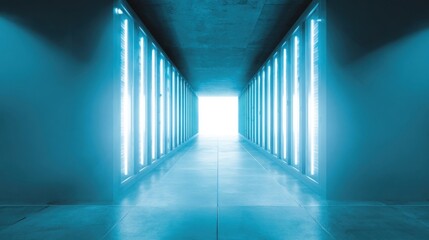 A futuristic corridor with glowing blue panels lining both sides, narrow walkway leading to an opening,