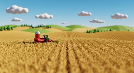 Obraz premium Tractor Wheat Field Countryside Low Poly Style