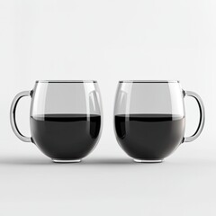 Two plain black and clear glass mugs, on a white background, in a product mockup style, with a minimalistic design, hyper-realistic, a 3D render, product photography.