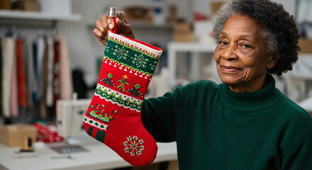 Elderly black woman holding a Christmas stocking in a workshop