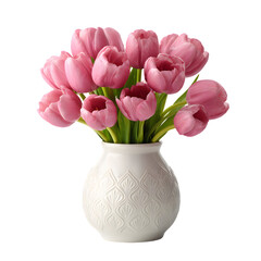 White Ceramic vase with vibrant ping tulips, colorful floral arrangement isolated on transparent background