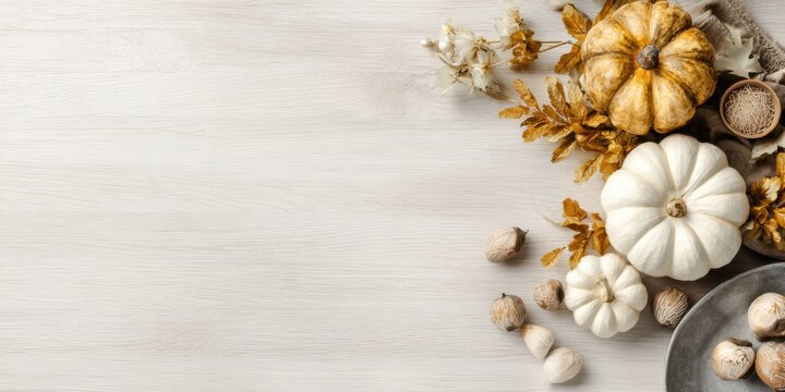 Creative abstract thanksgiving autumn background rustic style pumpkins and colorful leaves with soft warm lighting elegant design perfect for commercial advertising and marketing materials. - Powered by Adobe