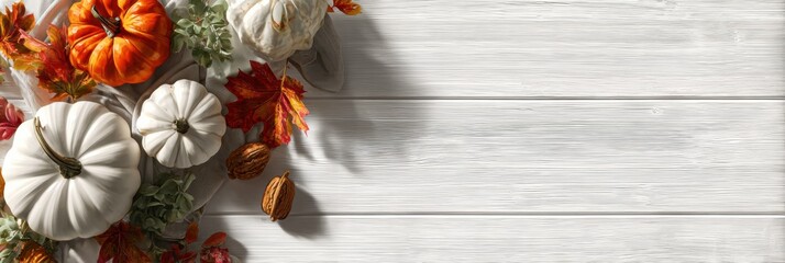 Creative abstract thanksgiving autumn background rustic style pumpkins and colorful leaves with soft warm lighting elegant design perfect for commercial advertising and marketing materials.