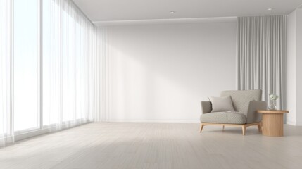 A spacious modern minimalist room with floor-to-ceiling windows, sheer white drapes, mid-century armchair,