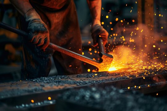 Metalworker shaping hot metal with hammer and chisel, creating sparks in industrial workshop