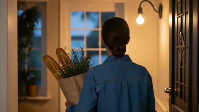 Returning home with fresh bread and flowers in paper bag after shopping. Returning home after walk in sunny day with baguette and herb bouquet in craft package, entering house.