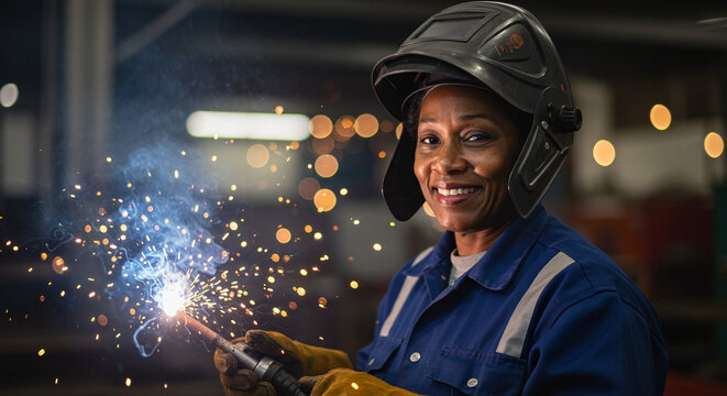 Smiling black woman welder working with welding torch in workshop   - Powered by Adobe