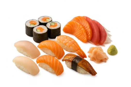 Assorted sushi and sashimi pieces isolated on transparent background, tasty
