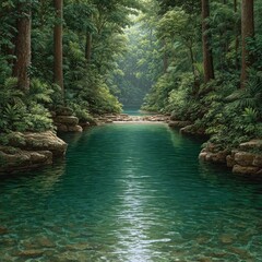 Naklejka premium Hidden river adventure in lush jungle nature scene peaceful green environment serene viewpoint