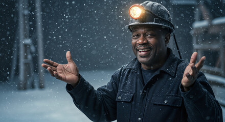 Smiling black miner celebrating Christmas in snowy environment  