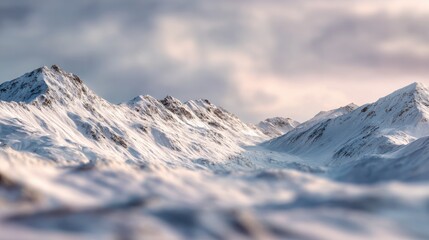beautiful, snow-covered mountains in a low-angle shot with a tilt-shift effect, close-up