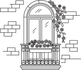 Decorative Arched Window with Ornate Balcony Railing and Flower Box Line Illustration