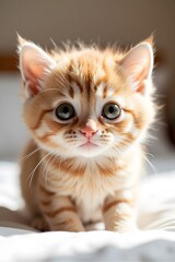 Obraz premium Adorable orange kitten sits on white surface, bathed in soft natural light.