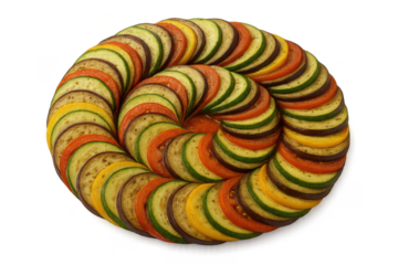 Ratatouille tian arranged in a spiral on a transparent background, delicious