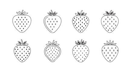 Collection of eight hand drawn strawberry silhouettes with decorative crowns and leaves silhouette