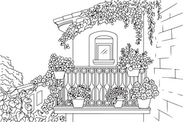Classic Wooden Window with Flower Box and Hanging Vines on Brick Wall Line Art