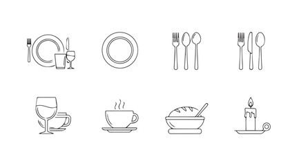 Collection of eight distinct dining and food related icons in a simple silhouette style