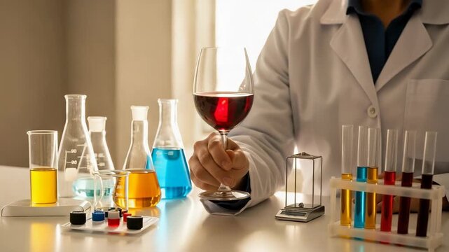 Examining wine for research purposes in science lab, with different liquids in beakers. Wine analysis involves scientist testing quality, performing tests, and checking alcohol content.