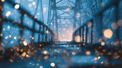 Soft-focus enchanted winter bridge under aurora sky, scattered glowing lights, abstract dreamy composition, wide cinematic backdrop